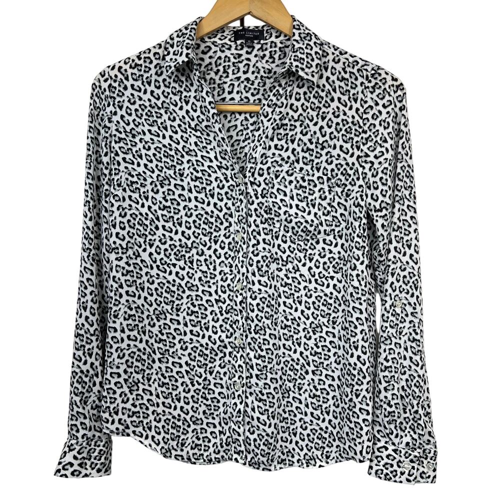 The Limited Ashton Women's Button Up Blouse White/Black/Gray Leopard Print XS